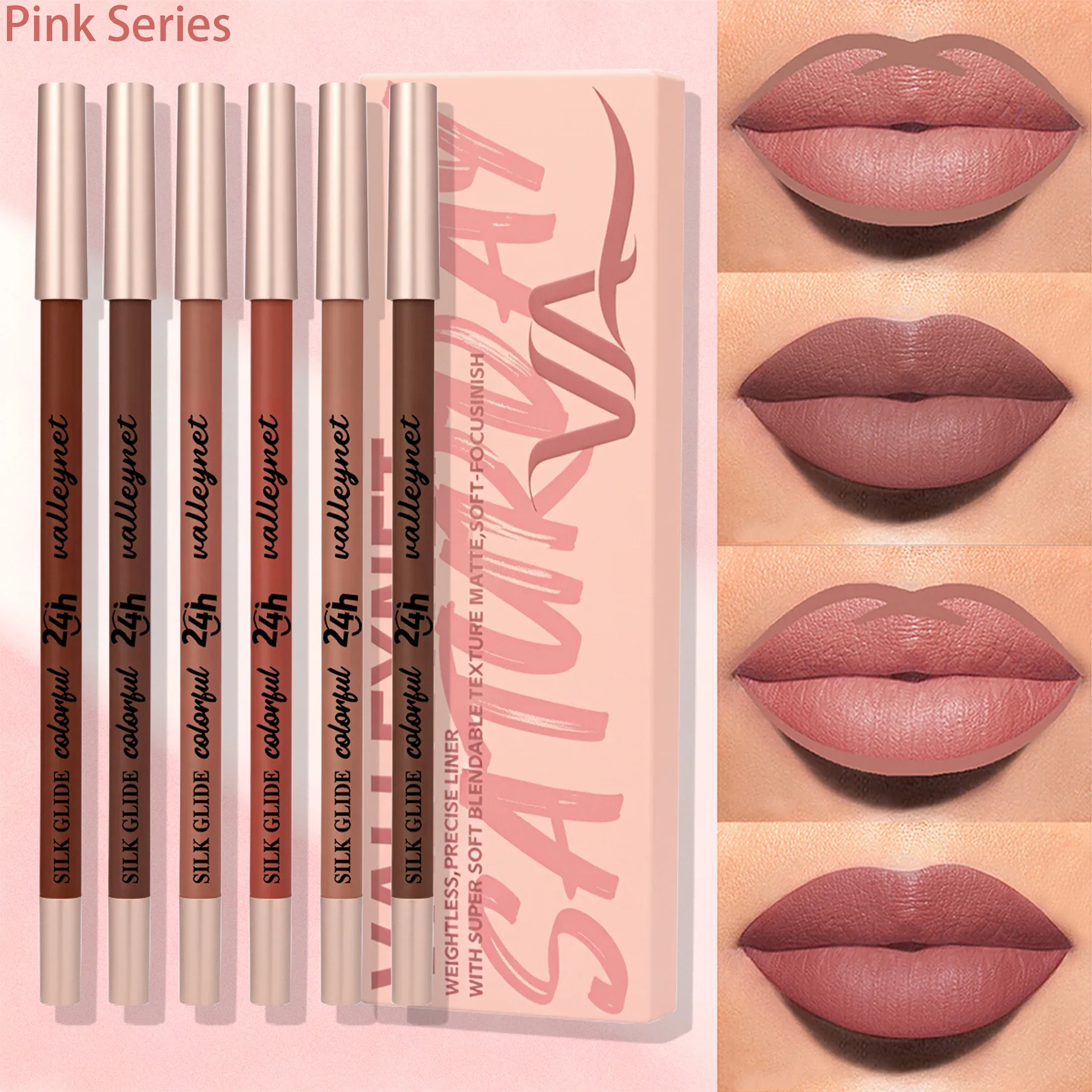 ชุดดินสอเขียนขอบปากไม้เนื้อละเอียดพิเศษ 6 ชิ้น/ชุด - ซีรีส์สีน้ำตาลนู้ด, ดินสอเขียนขอบปากเนื้อกำมะหยี่แบบด้าน ชุดแต่งหน้าสำหรับริมฝีปาก