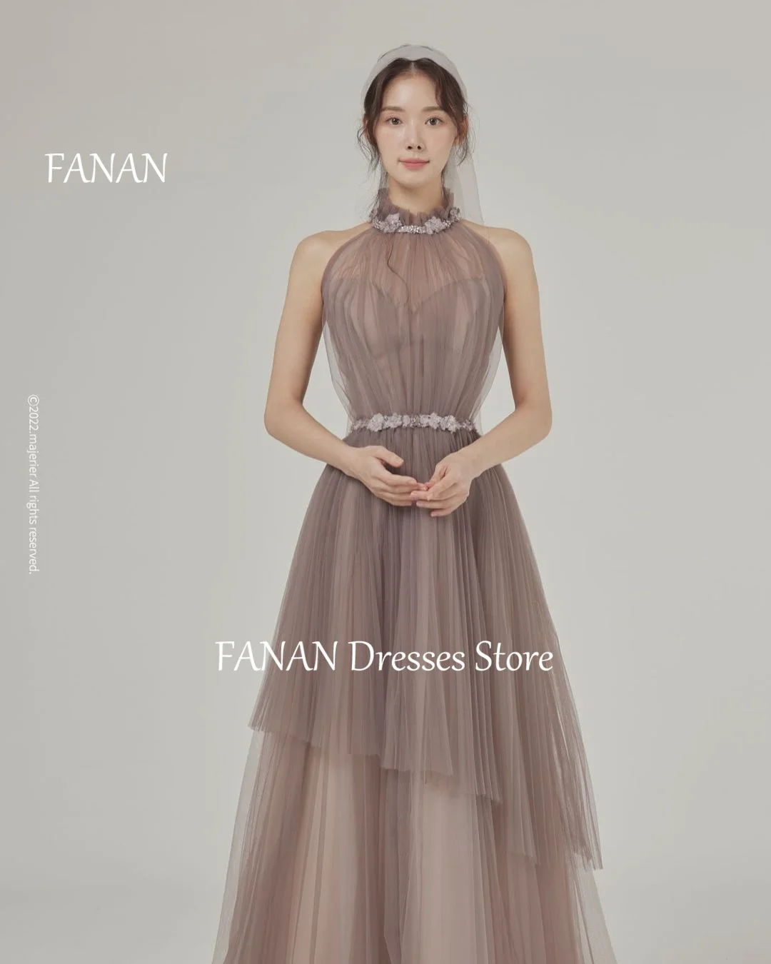 FANAN High Neck A-Line Evening Party Dresses Fashion Layered Korea Tulle Simple Elegant Women Formal Gowns Event Prom Gowns