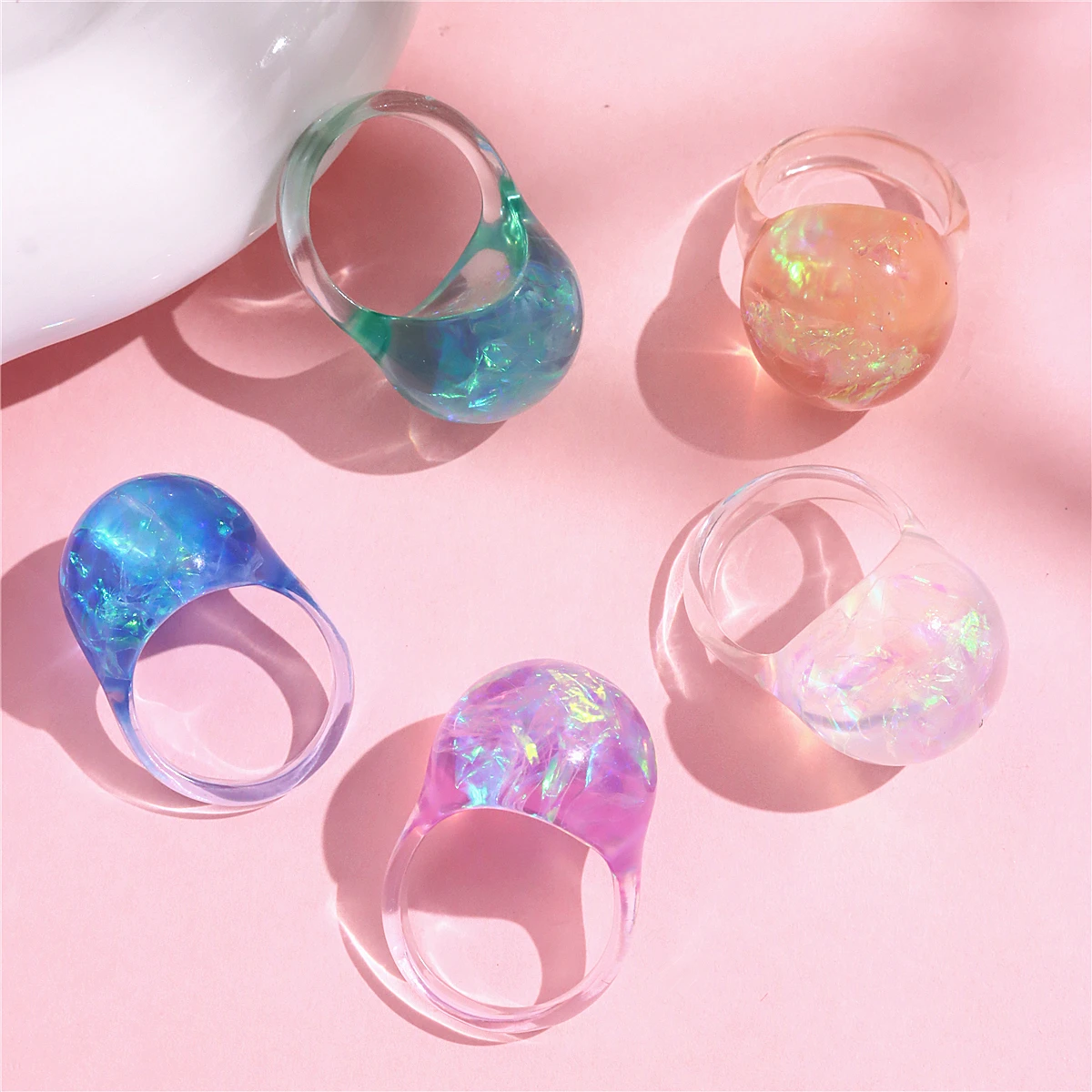 HUANZHI Colorful Transparent Resin Ring Bling Shine Geometric Star Ball Rings for Women Girls Cute Y2K Summer New Jewelry