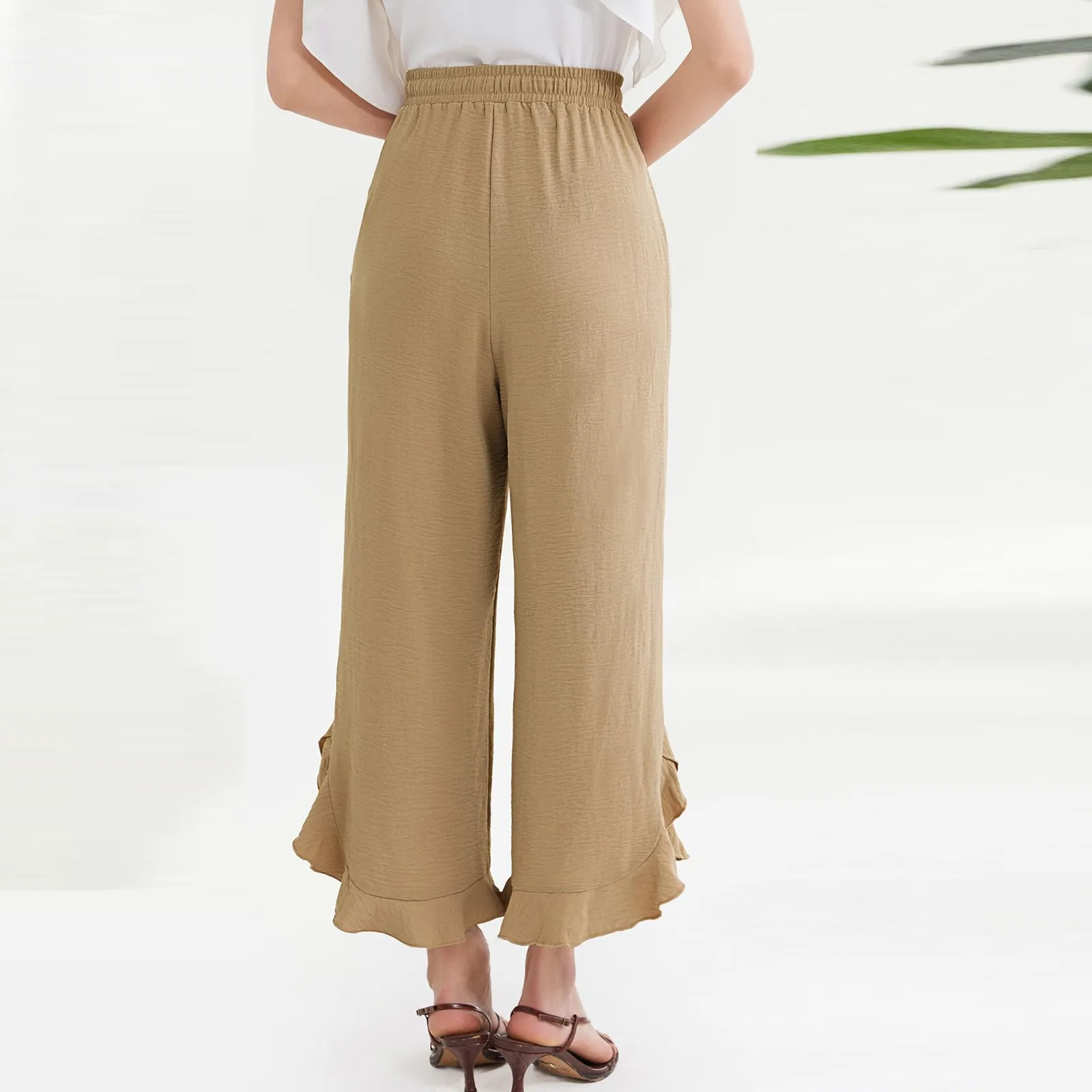 Pantalon droit en coton et lin pour femmes, proximité d'été, wstring élastique, taille haute, adt, jambes larges, mode, à volants