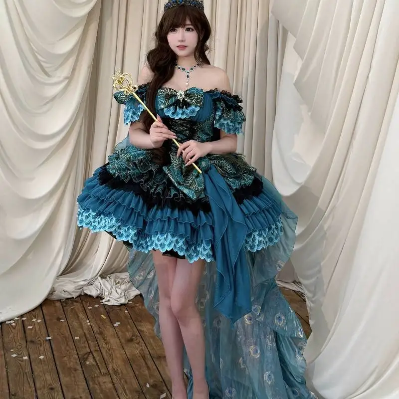 

DIAMOND HONEY Peacock Print Lolita Dress Off Shoulder Gothic Victorian Ball Gown with Train for Women