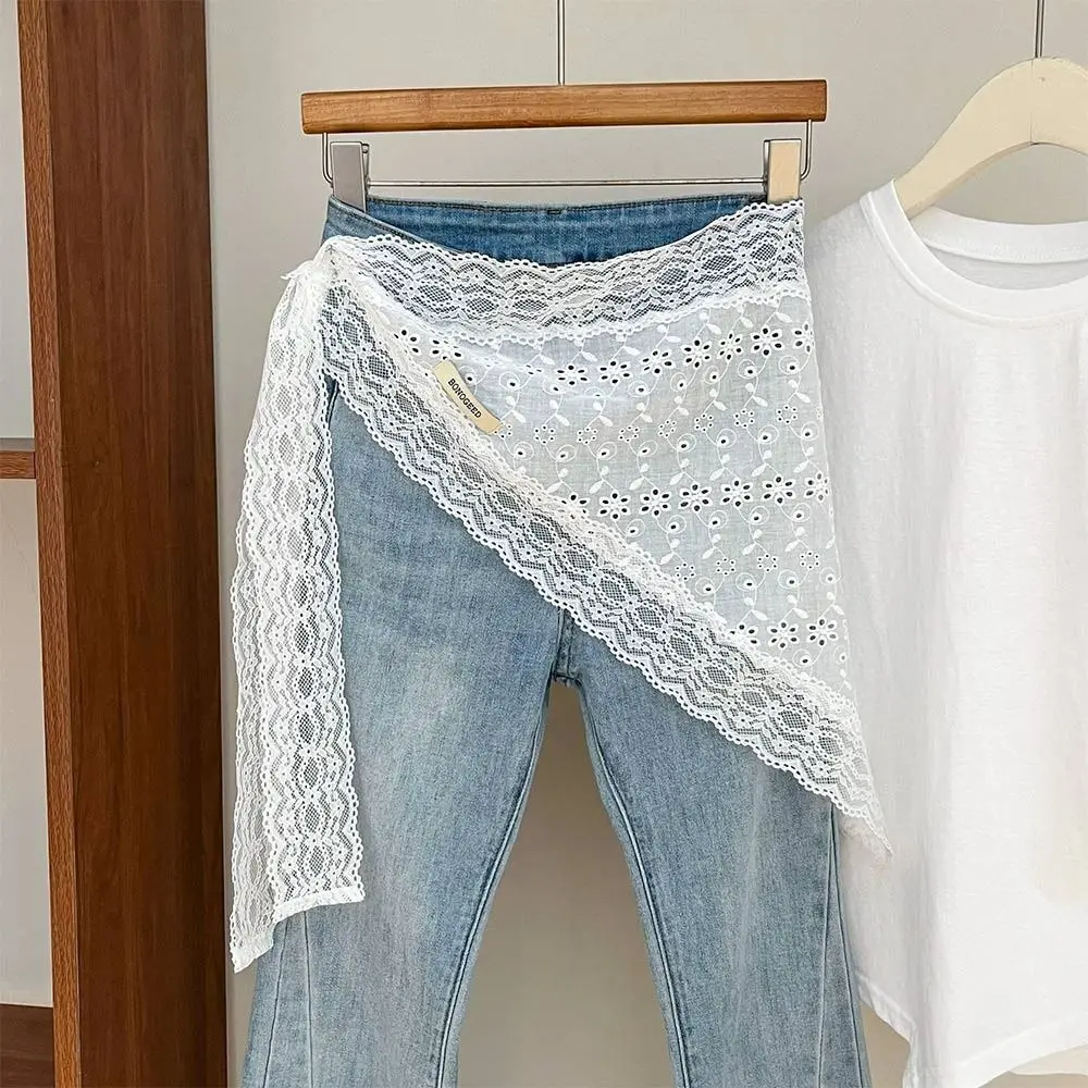 

Drawstring Design Lace Gauze Skirt Elegant Thin Lace Floral Skirt Irregular Side Korean Style Tie Up Spicy Girl Apron Summer