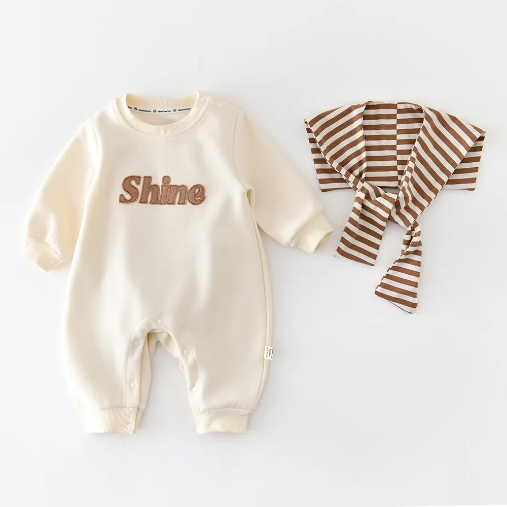 2026 Spring New Baby Long Sleeve Letter Print Romper + Shawl Infant Boy Girl Cotton Casual Jumpsuit Newborn Clothes 0-24M