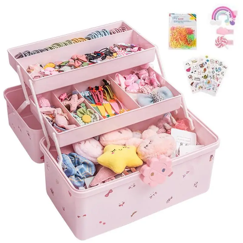 Little Girl Hair Accessories Organizer 3-layer Girls Hair Clip Storage Box Waterproof Kids Jewelry Box With 6 Stickers For Dorm