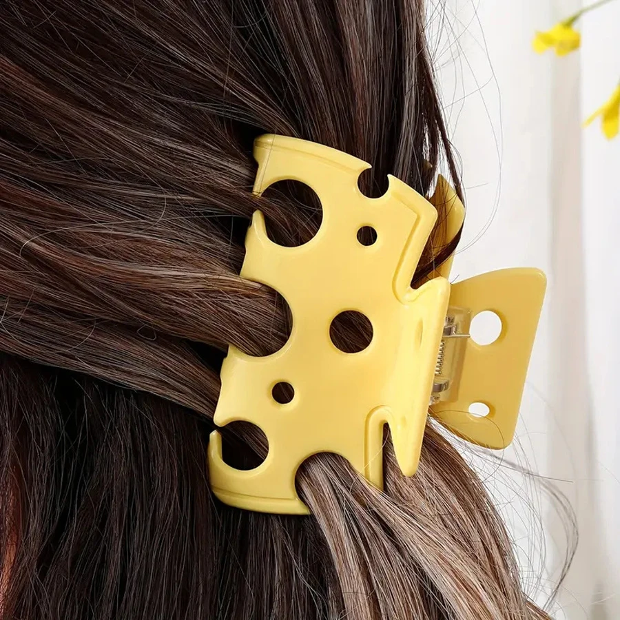 Yellow Hollow Cheese-Shaped Hair Claw Clip | Creative Ponytail Holder | Cute Back-of-Head Bun Clip | Unique Hair Accessory