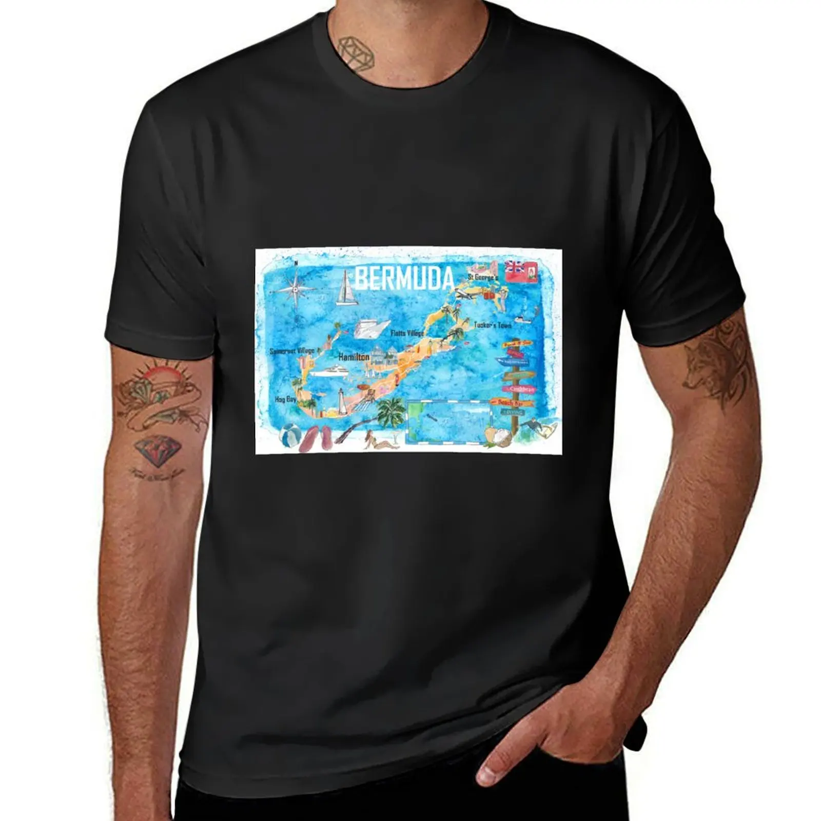 Bermuda Island Travel Poster Favorite Tourist Map Highlights T-Shirt tees boys whites anime T-shirts for men cotton