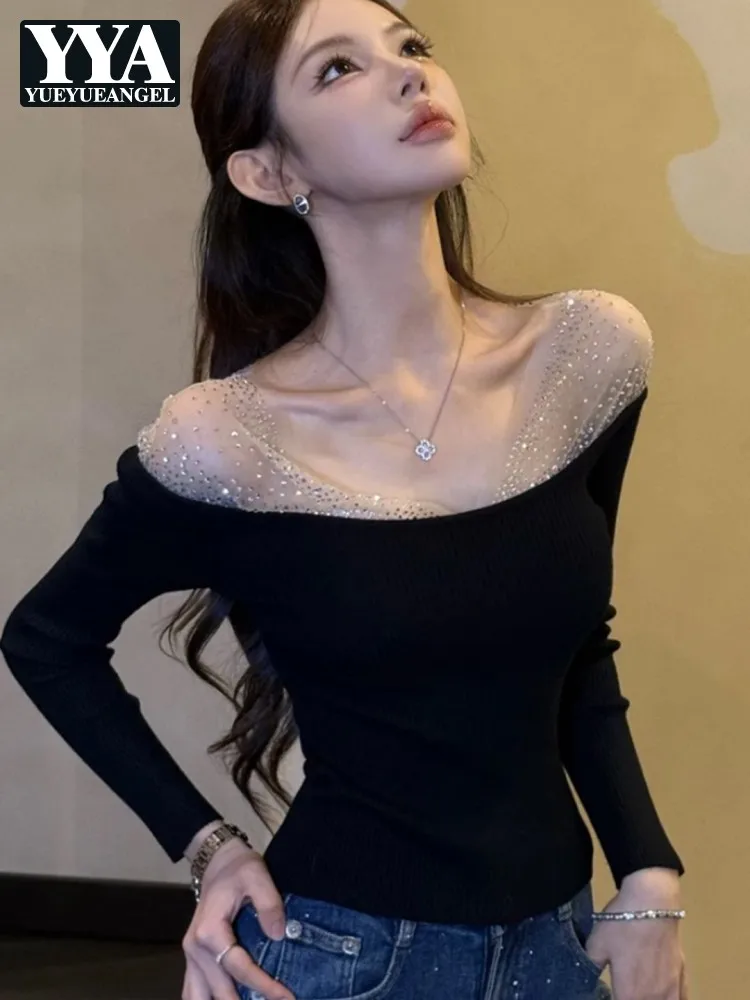 

Весенняя женская облегающая футболка с вырезом-лодочкой, черная, с длинными рукавами, в стиле пэчворк, модный вязаный пуловер с ромбовидным узором, сексуальные футболки для девушек