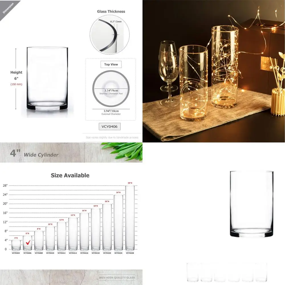 

Прозрачные стеклянные вазы-цилиндры для центральных композиций, диаметр 4 дюйма, высота 6 дюймов, несколько размеров, набор из 6 штук.