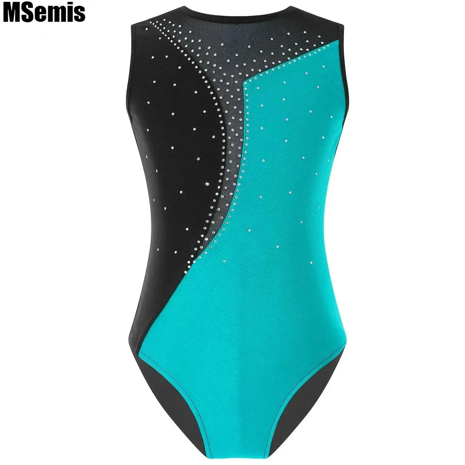 Kid Girls Patchwork Dance Leotards Stylish Shiny Rhinestone Decorated Sleeveless Round Neckline Contrast Color Leotards