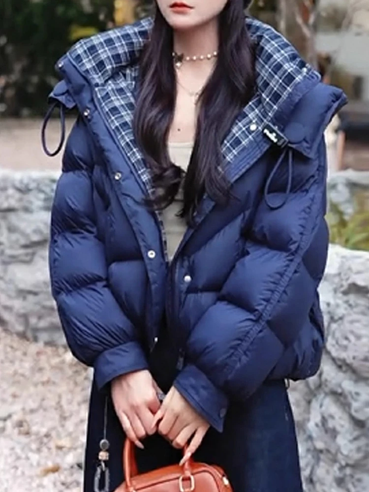 

Winter Plaid Lined Hooded Cotton Jaet ort Faionable Streetwear Warm Korean Sle Loose Fit Long Sve Square Collar