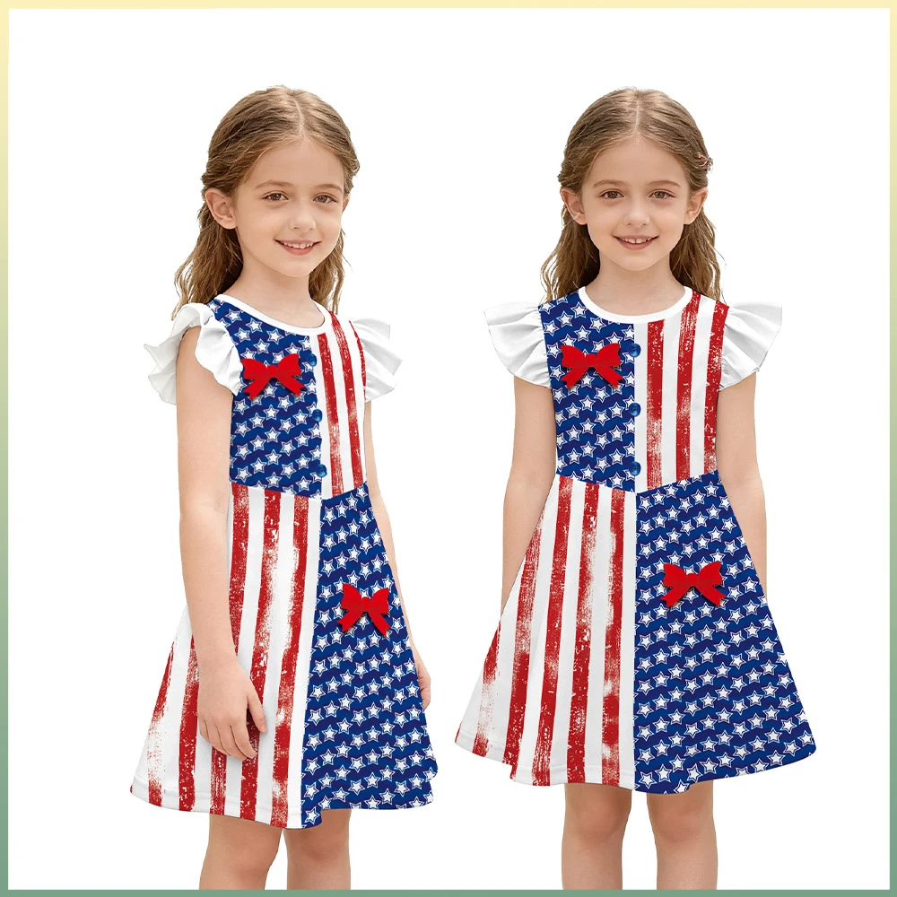 

Independence Day of the United States Dress Girls Cute Flying Sleeve Dress Cosplay Costumes Holiday Party Clothes for Kids Girls