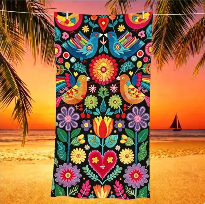 150/178cm Large Microfiber Beach Towel Mexican Folk Art Floral Bird Print Sand Free Quick Dry Colorful Summer Beach Use Blanket - view 2