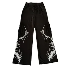 Y2kstreetwear Hip-Hop Punk Street Dance Casual Pants, High Street Printed Elastic Vintage Printed Work Pants Fall Winter Outfit