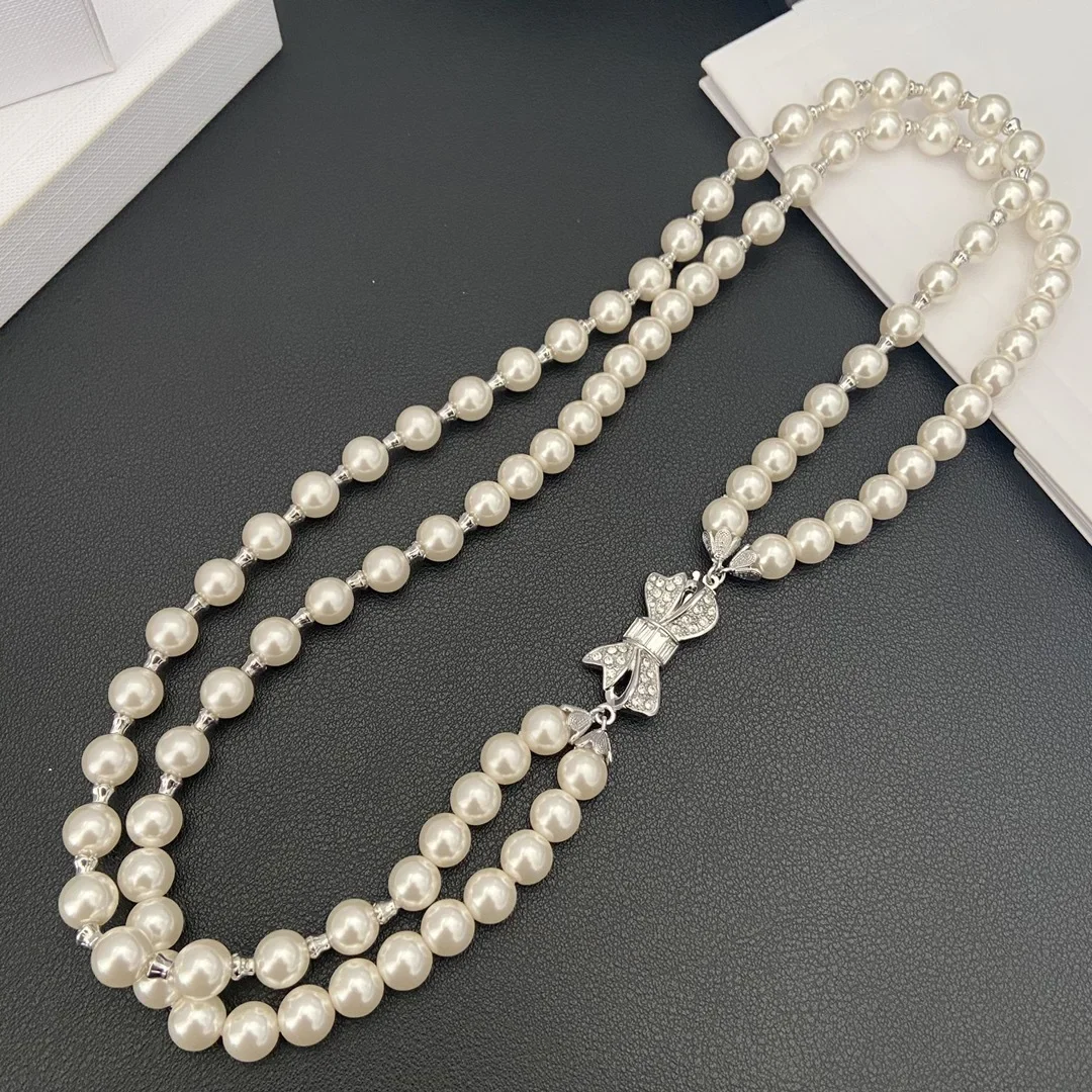 

Hot Top Quality Crystal Bow Double Pearl Luxury Necklace Woman Boutique Europe America Designer Trendy