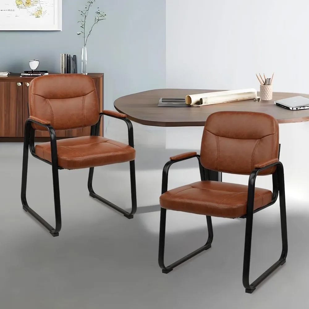 

Waiting Room Reception Chairs No Wheel, Leather Guest Chair with Padded Arms, Modern Brown Office Desk Chairs with Sled