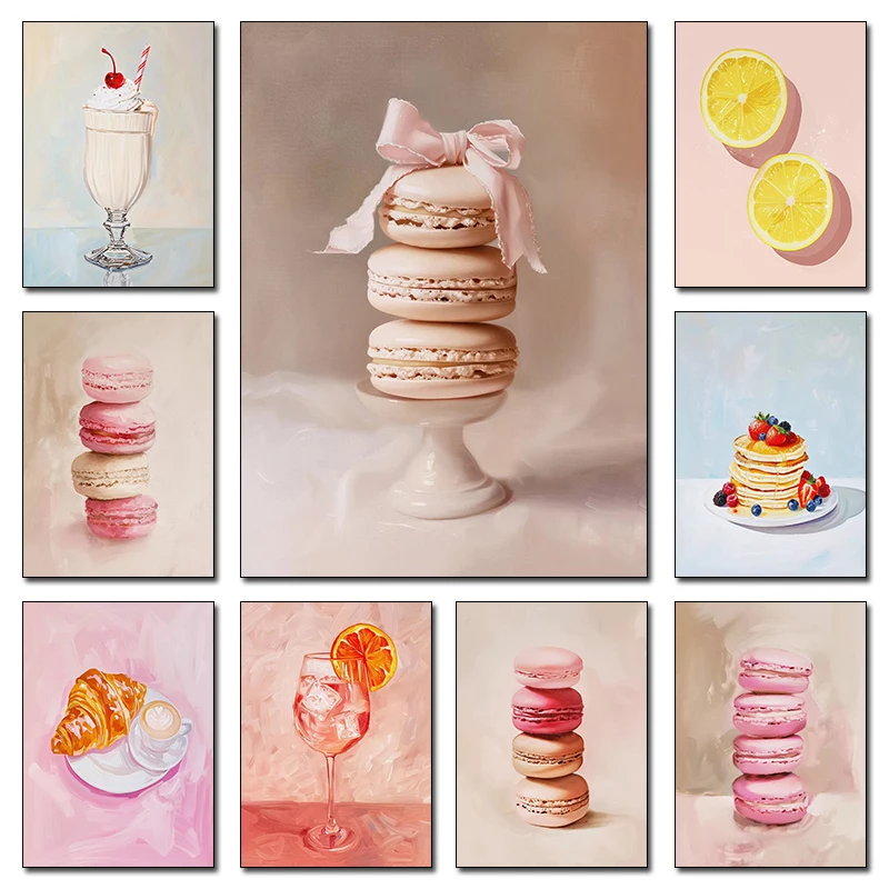 1pc frameless Canvas Painting Fruity Pancakes Ice Cream Macaroon Croissant Food Poster and Prints Canvas Printing Retro Wall Art
