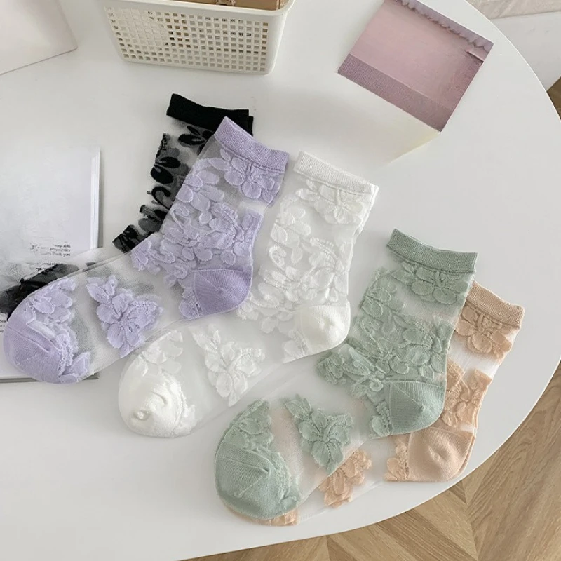 1/5 Paar Damen-Sommer-dünne, lässige, bequeme Mittelrohrsocken, modische Damensocken, leichte, atmungsaktive Spitzenstrümpfe ﻿