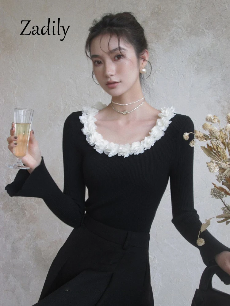 Zadily 2023 Winter Elegant Floral Appliques Long Sleeve Women Bottoming Sweater Korea Style O Neck Knit Woman Pullover Clothing