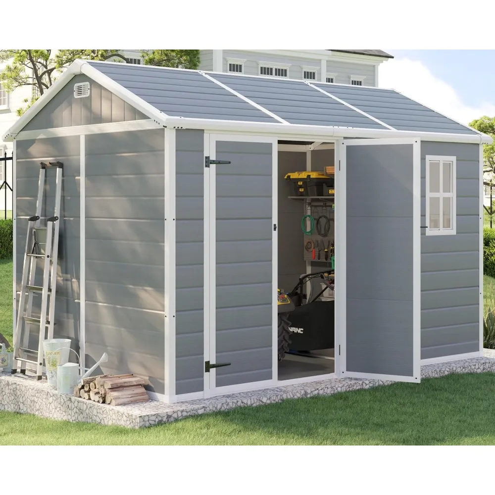 10.5x7.6x7.5 FT resin storage shed with flooring, outdoor tool shed with windows, ventilation openings, and stainless steel core