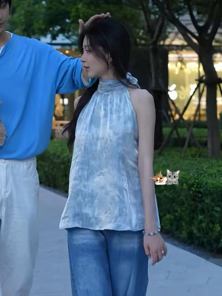 Blue Gradient  Knot Neck Hanging Vest Sleeveless Slimming Top Women's Fashion Outerwear Polyester Fiber Casual Wear