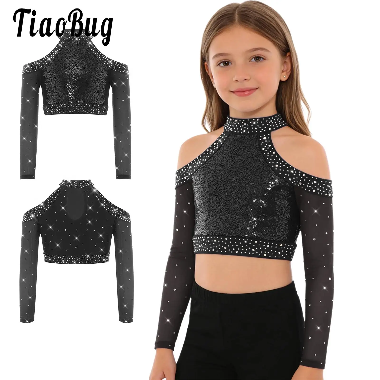 Kid Girls Sequin Jazz Dance Crop Top Belly Tango Ballet Modern Dance Cheerleader Shirt Cold Shoulder Long Sleeve Performance Top