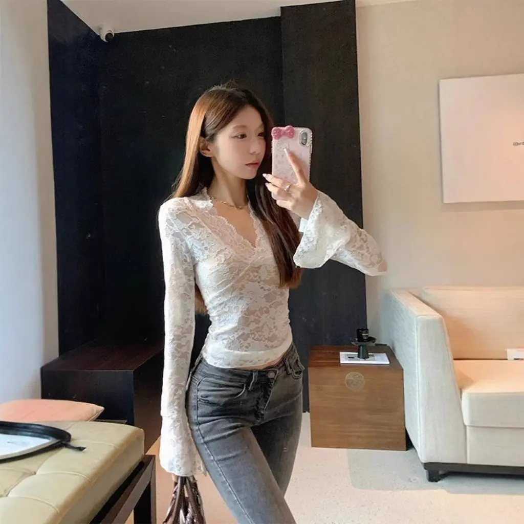 

Женская белая рубашка Pure Desire с v-образным вырезом и длинными рукавами на кружевной основе, облегающий топ в корейском стиле на весну, сексуальная Spice Girl