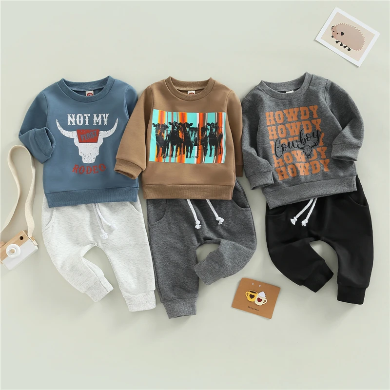 Toddler Boys Autumn Sport Clothes Kids Letter Cow Head Print Long Sleeve Sweatshirt + Baby Trousers Clothes Outfits