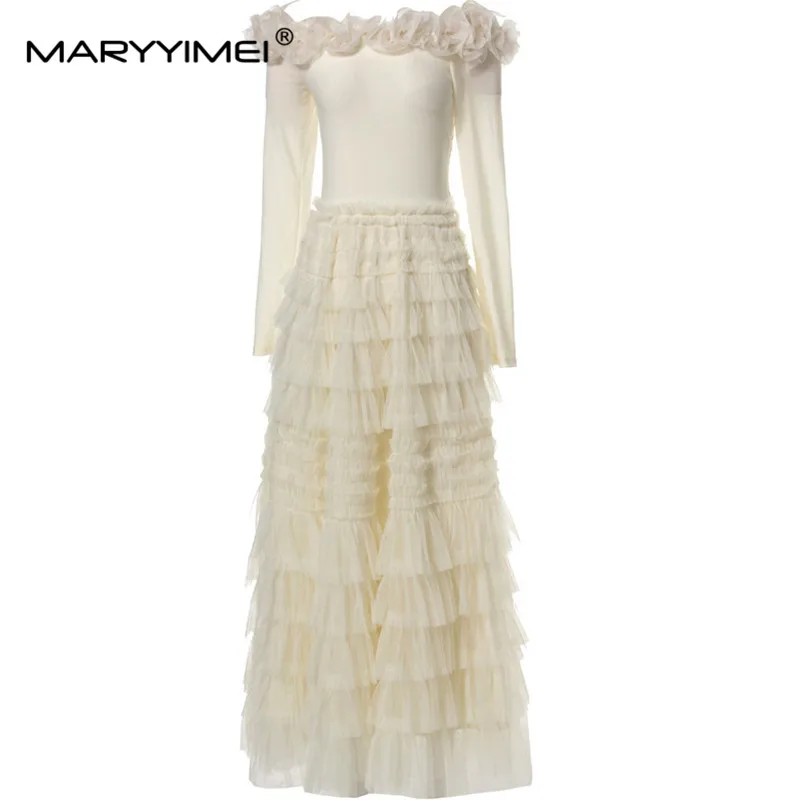 

MARYYIMEI Summer Women's Ball Gown Dress Slash Neck Long-Sleeved Mesh Splicing Tiered Ruffles Big Swing Party Dresses