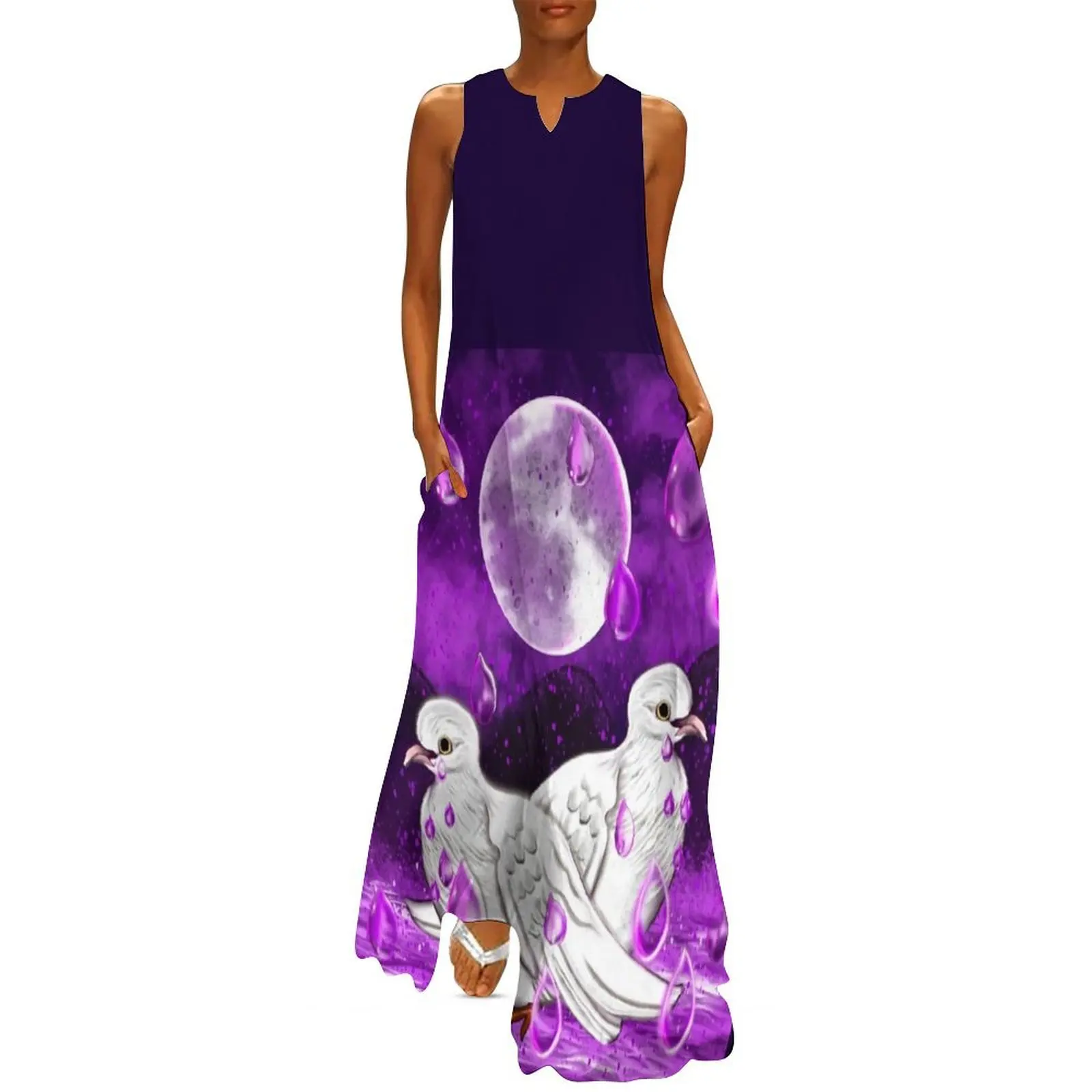 

doves in the rain, raindrops falling into Water Long Dress dress summer 2024 women dress for women purple