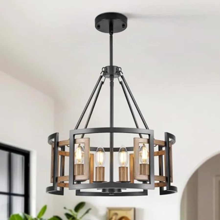 

Drum Chandelier for Dining Room 15.7" Farmhouse Dining Room Light Fixture Wood Grain and Vintage Metal Chandeliers for Kitchen