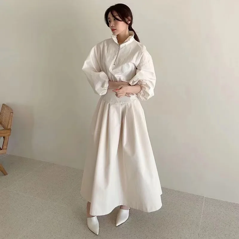 2024 New Chic French Spring Lantern Sleeve Ball Gown Long Dress Elegant Women Zipper Stand Collar High Elastic Waist Maxi Dress