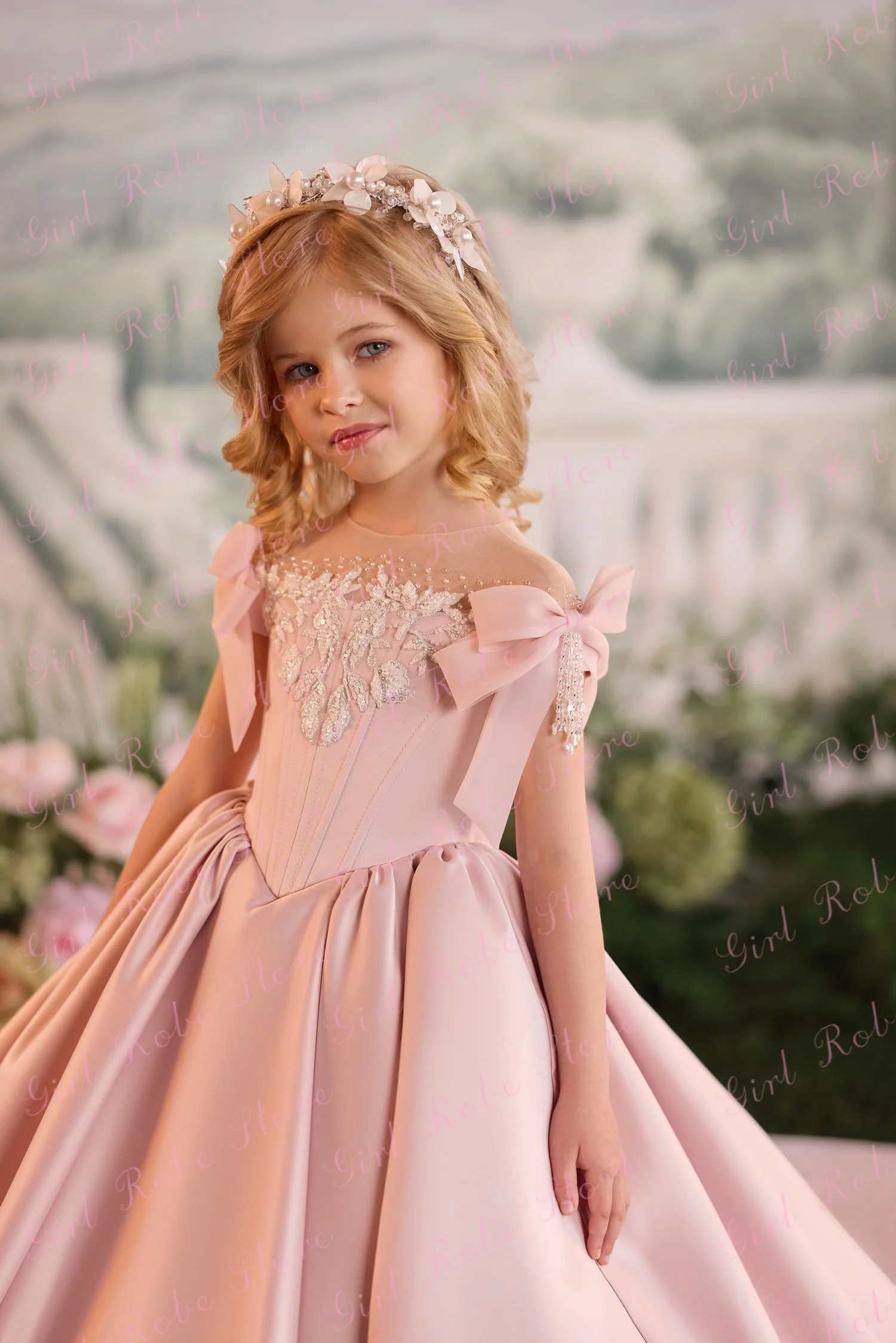 Customized Pink Flower Girl Dress For Wedding Satin Bow Appliques Princess First Communion Evening Banquet Photo Shoot Ball Gown