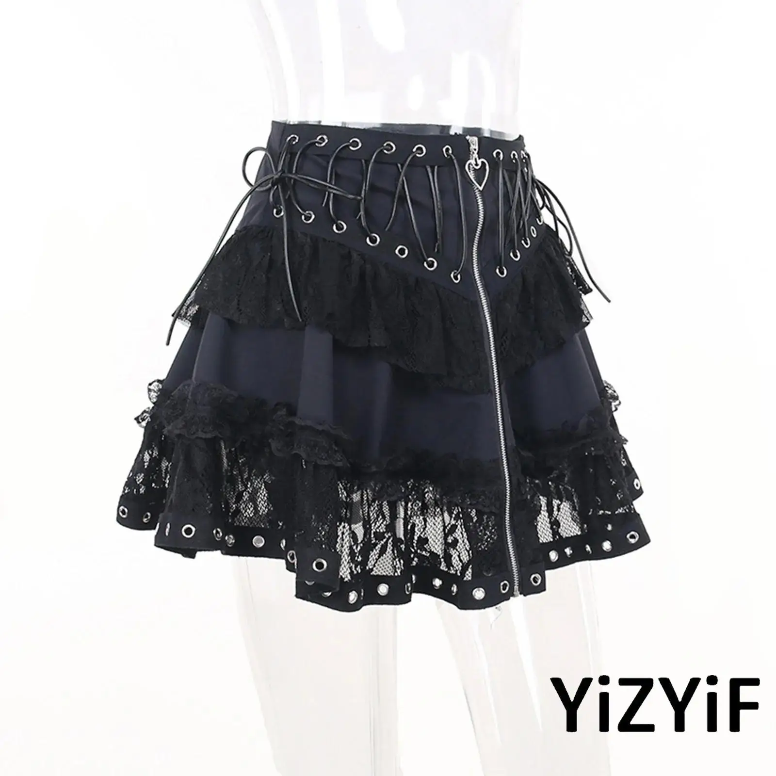 

Halloween Womens Punk Gothic Cosplay Miniskirt Floral Lace Patchwork Front Zip And Lace-up Eyelets Tiered Ruffled Skirts
