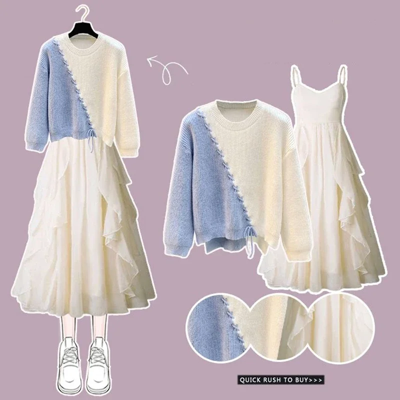Frühling Herbst Frauen Stricken Tops Kleid Passenden Sets Dame Anmutige Rüschen Sling Midi Kleider Pullover Zwei Stück Anzüge Neue Outfits