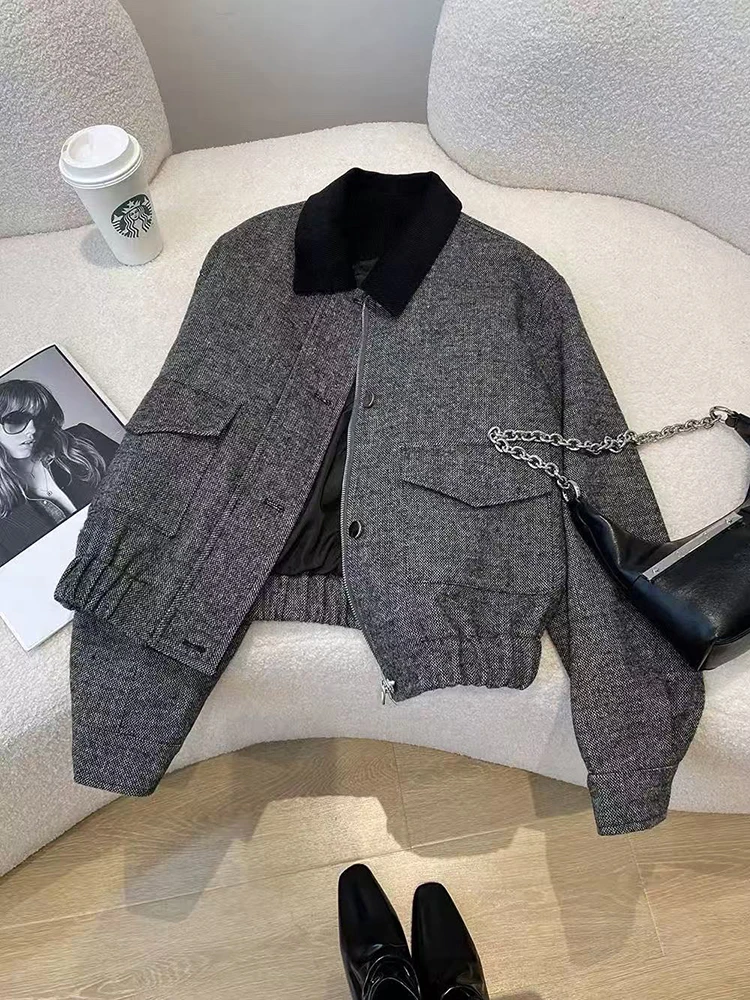 

Fashion Patchwork Tweed Coats Women Y2K Korean Elegant Hepburn Style Lapel Crop Jacket Autumn Streetwear All Match Outwear New