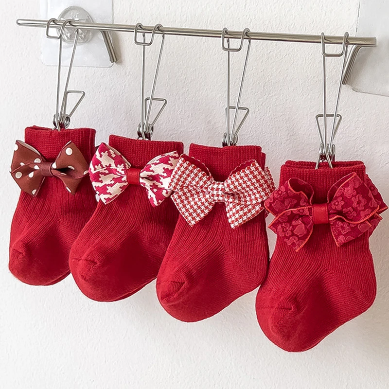 

Newborn New Year Red Sock Lace Bow Baby Cotton Socks Autumn Winter Warm Knitted Socks 0-3Year Toddler Ankle Sock Kids Footwear
