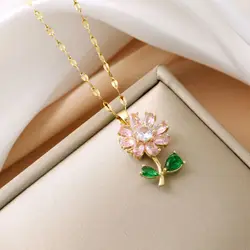 Fashionable and Sweet Style Zircon Decorated Green Leaf Pink Flower Pendant Necklace, Perfect Gift for Girls and Women