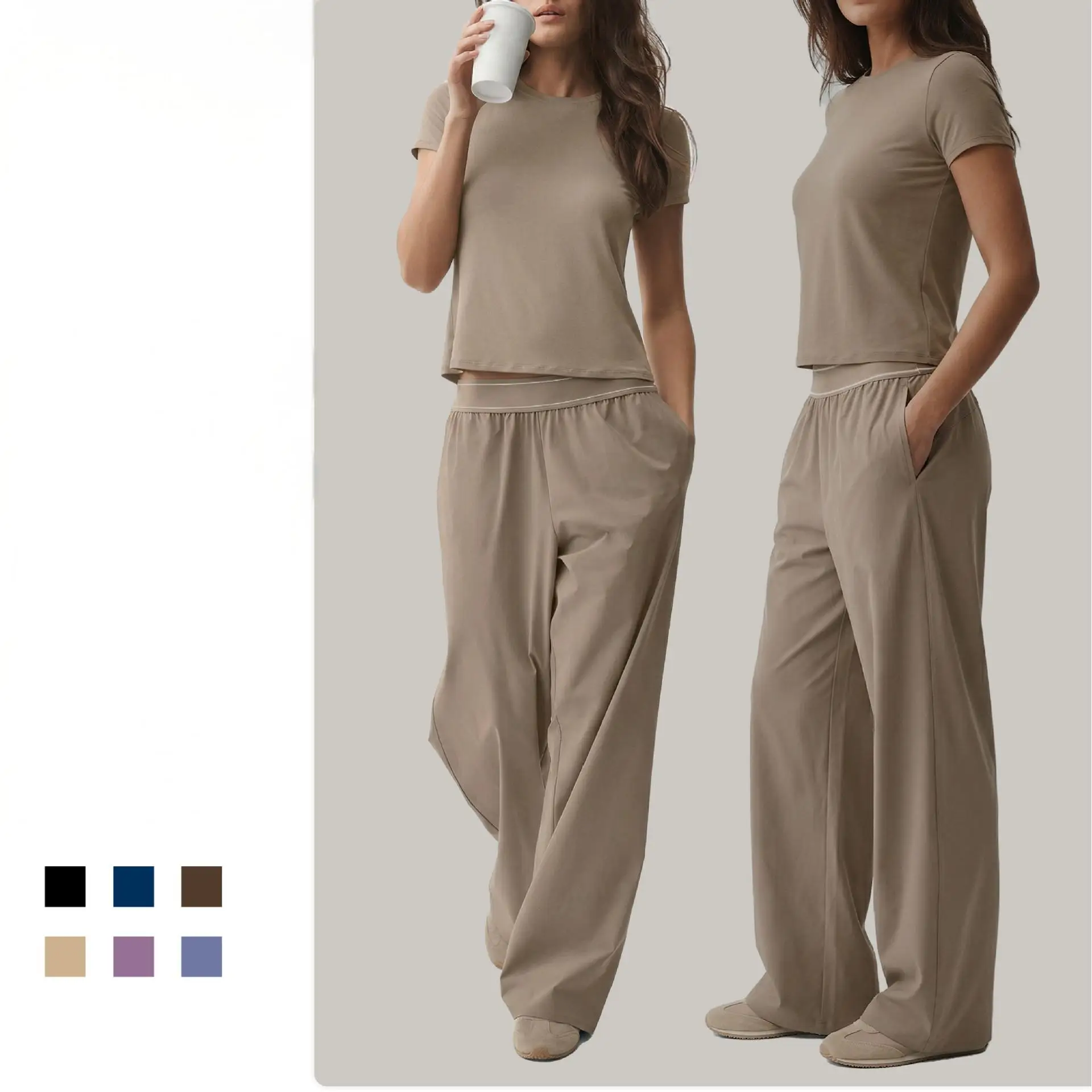 Yoga suit nude quick drying fitness straight leg pants sports suit women's short yoga suit round neck short sleeved