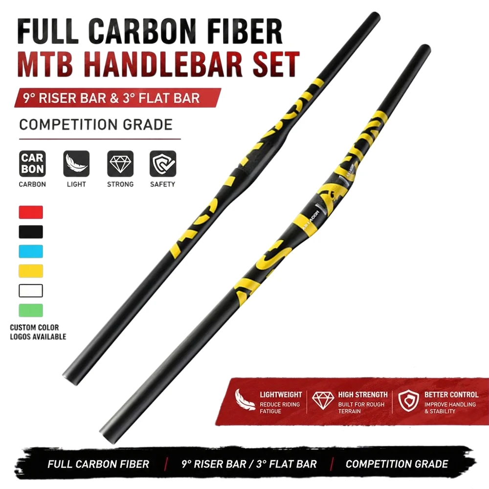 Full Carbon Fiber Mountain Bike Handlebar Set 9°&3° Backsweep Riser Flat Bar Competition Grade For Better Control