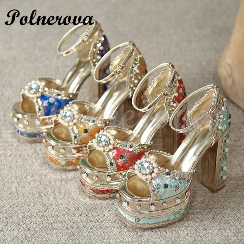 

Rhinestone Pearl Thick Heel Sandals Ankle Buckle Luxury Fashion Brand Design Show Waterproof Platform Women's Sandals Shoes