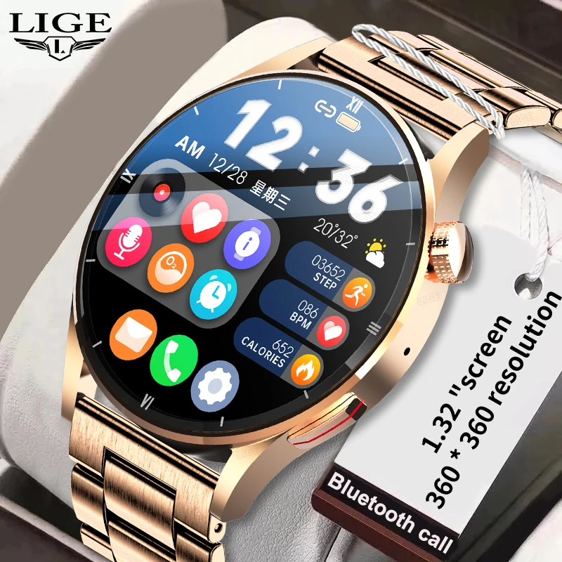 Imagem -02 - Lige Homens Relógio Inteligente para Android Ios Chamada Bluetooth Relógios de Fitness 1.32 360*360 Resolução Relação hd Tela Smartver Dourado