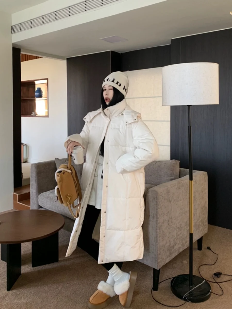 White Mid Length Knee Length Cotton Jacket For Women's Down Coat 2023 Winter New Jacket Thickened Cotton Jacket Coat