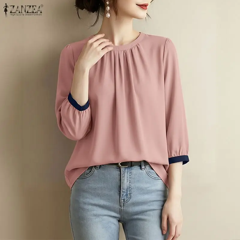 Woman Casual Contrast-Trim Blouses Gathered O-Neck 3/4 Sleeve Solid Color Tops ZANZEA 2026 Summer Everyday Wear Blusas de Mujer