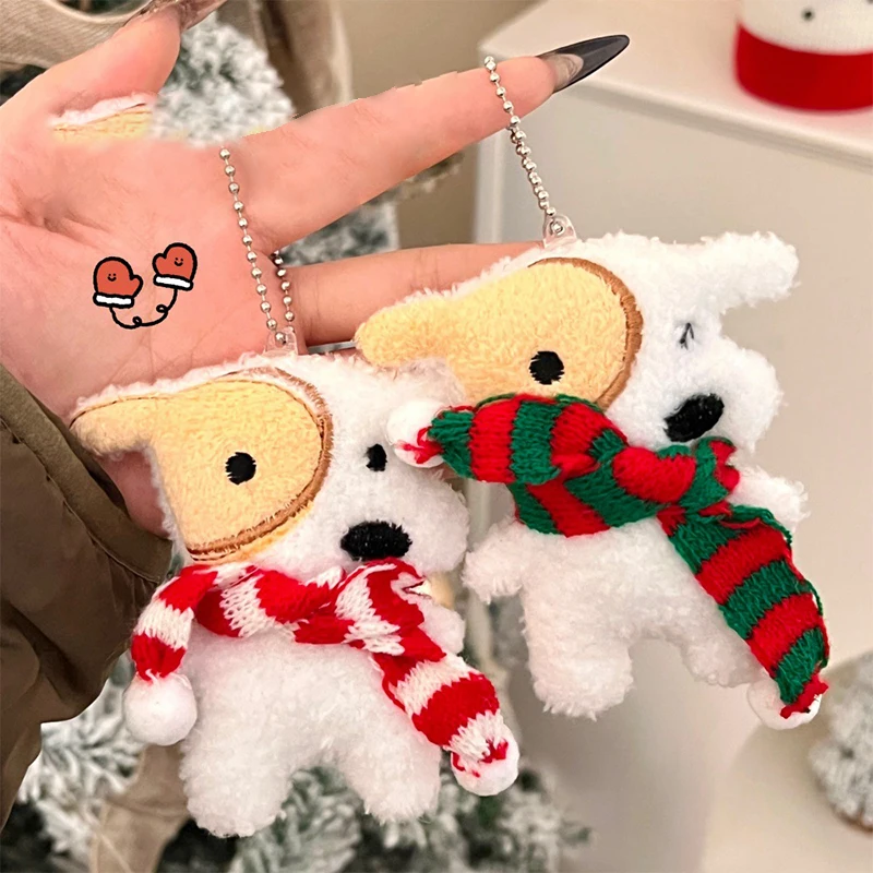 Cute Cartoon Christmas Plush Puppy Dog Keychain Pendant Kawaii Soft Stuffed Doll Hairpin Key Ring Backpack Decoration  Gifts