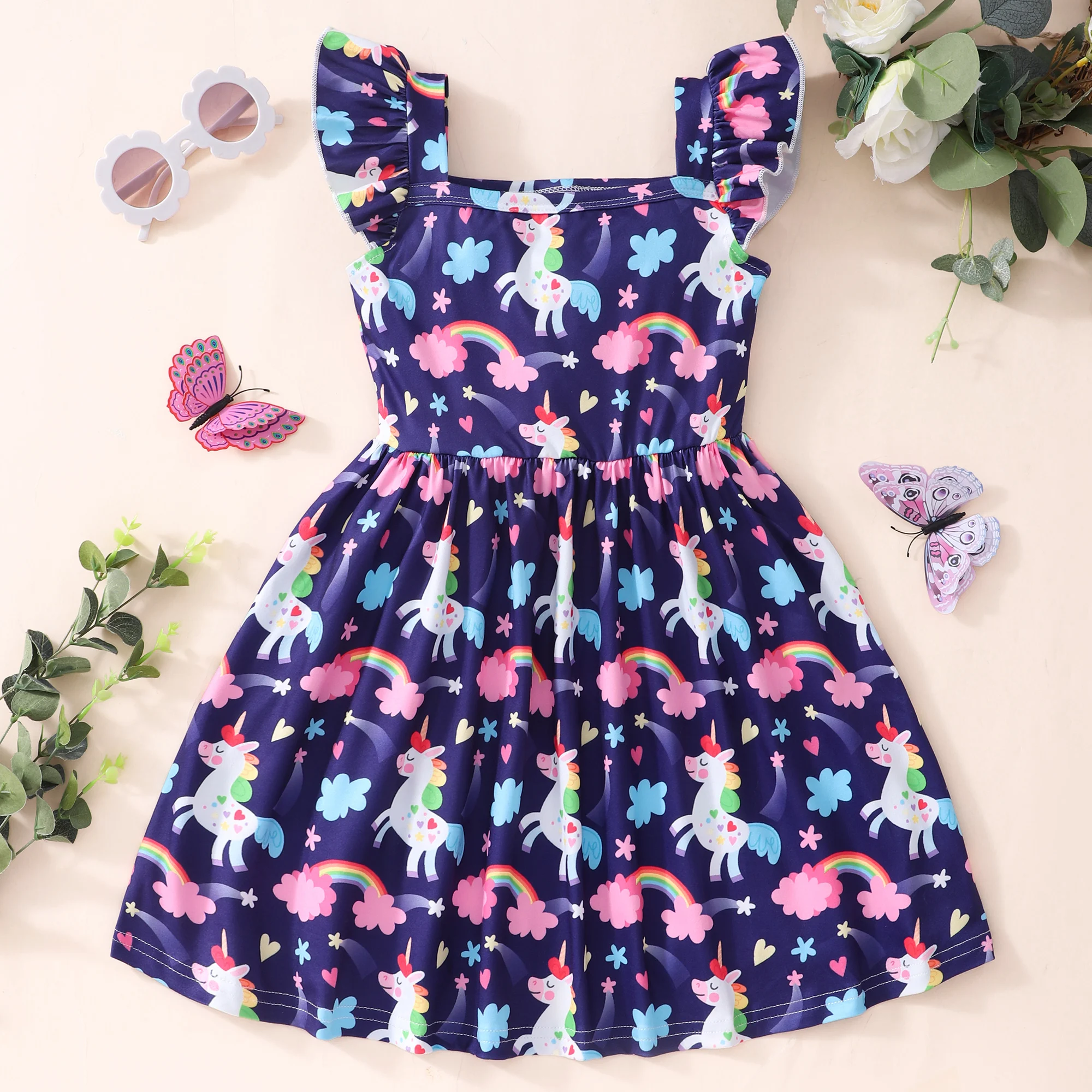 Unicorn Full Print Girls Square Neck Ruffle Straps Holiday Casual Dress