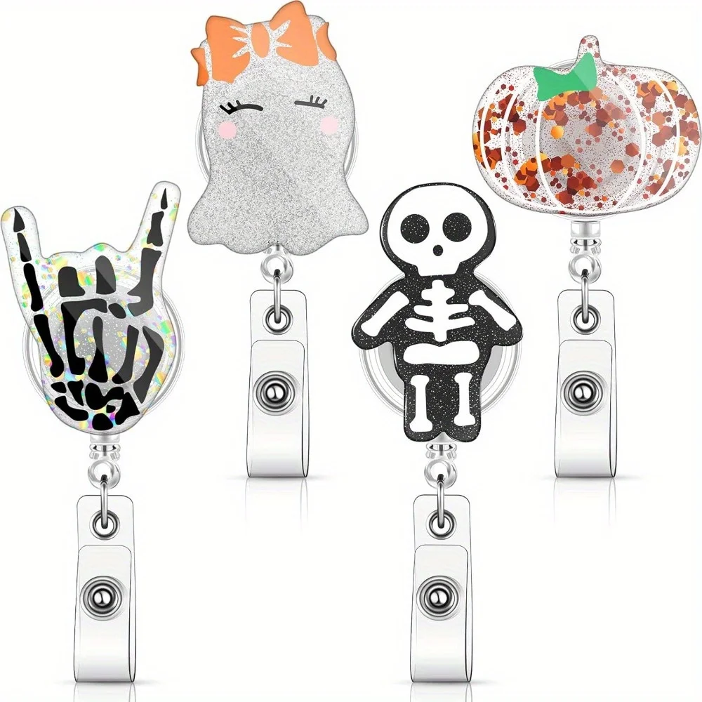 

4-Piece Halloween Badge Reel Set. Ghost & pumpkin designs with glitter for medical staff & teachers.