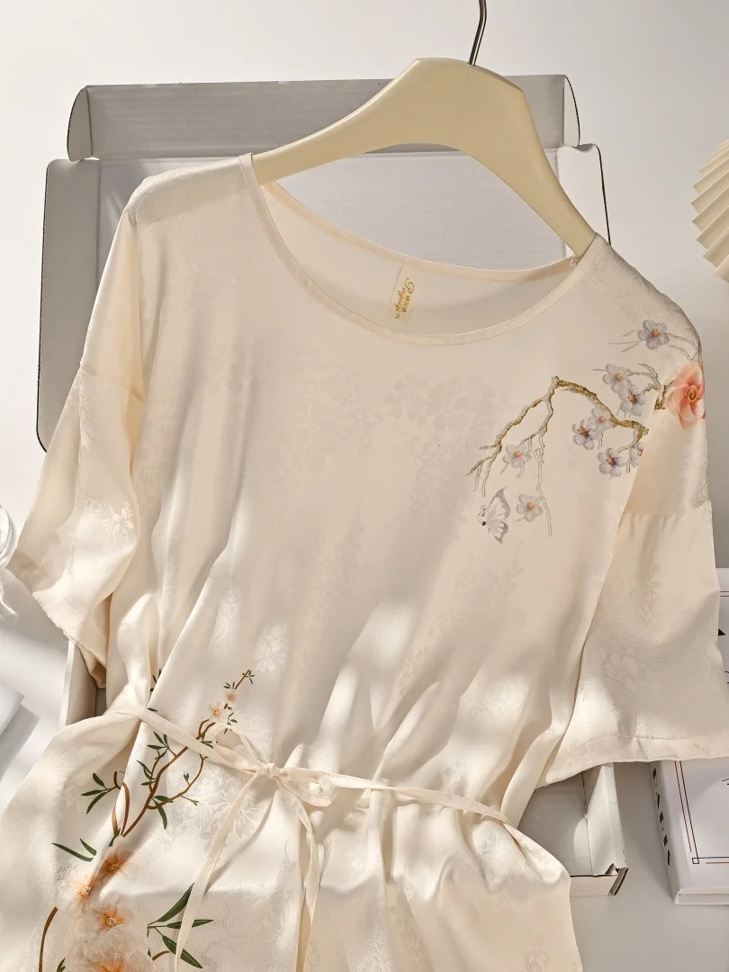 6a-グレードシルクパジャマ女性の春夏ヴィンテージスタイルヘビーアイスシルク天のシルクナイトガウンホーム服ハイエンド感