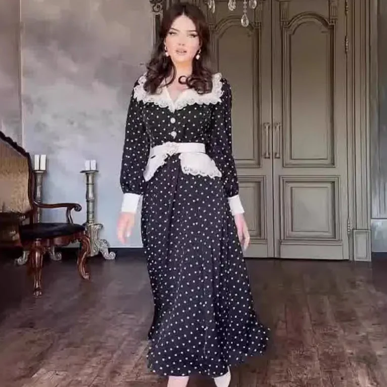 Eid Muslim Vestidos Women Polka Dot Print Dress Lace Splice Long Robe Jalabiya Ramadan Morocco Dubai Kaftan Arab Islam Abaya