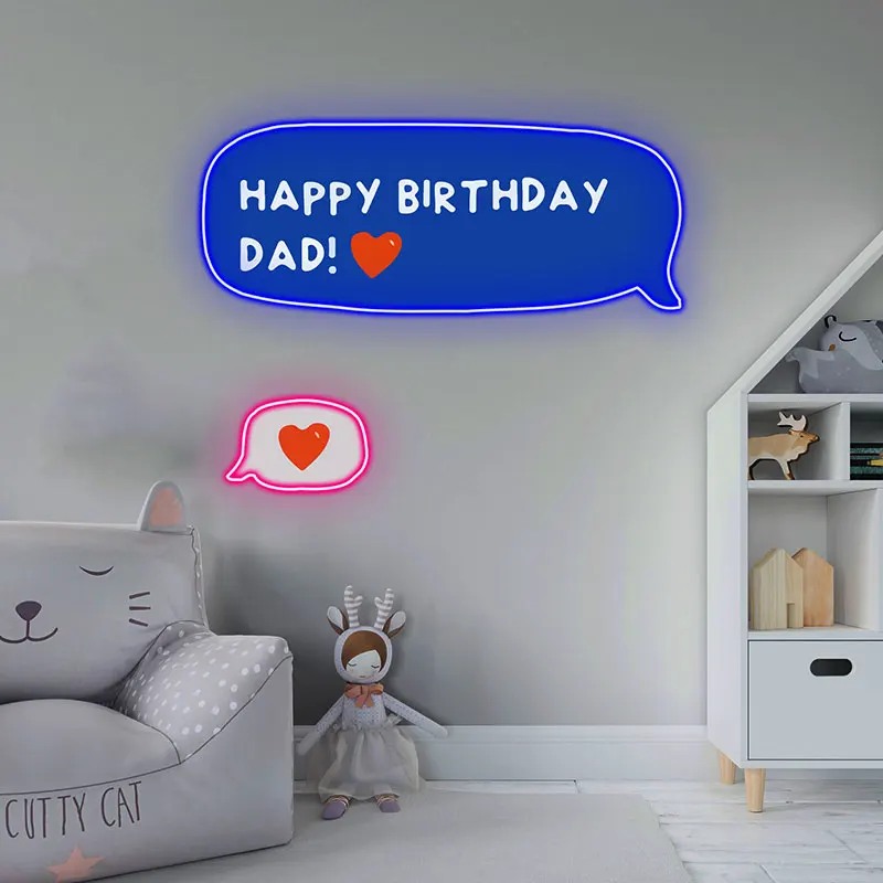 Happy Birthday Dad Text Message Neon Light, Fun LED Sign with Heart Emoji, Gift & Wall Decor for Father’s Birthday Celebration