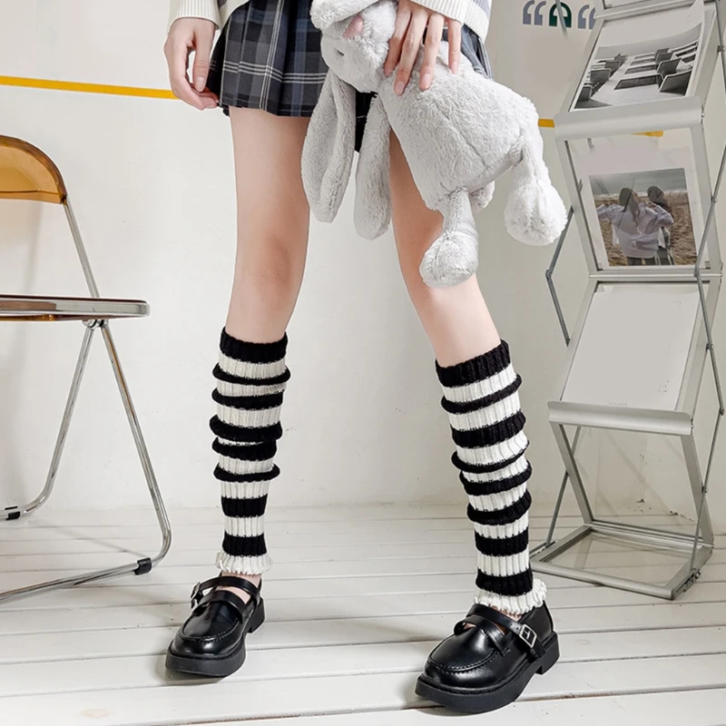 Japanese Women Goth Punk Leg Warmers Protector Black White Striped Boot Cover Ribbed Knit Ruffled Hem Student